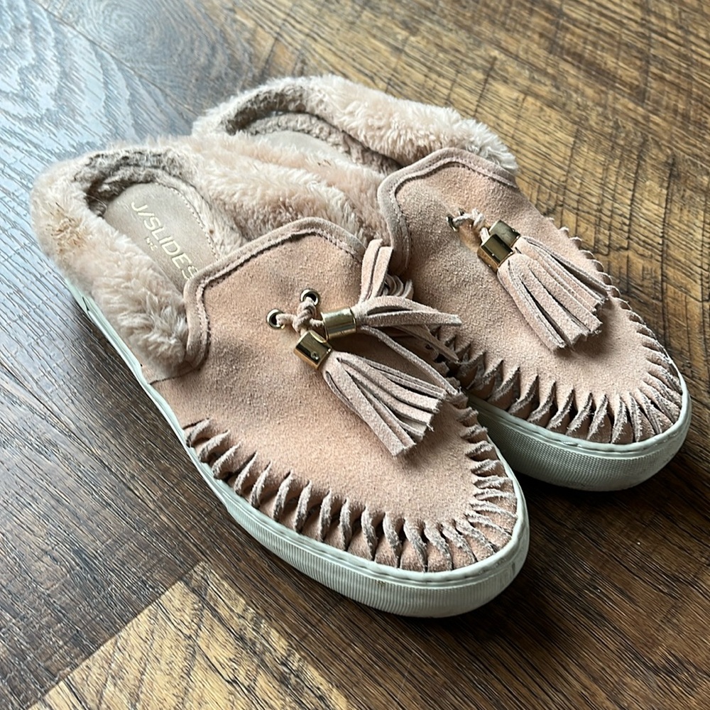 J/SLIDES Azul blush Suede Perforated Suede Chunky Mules Size 7.5 Faux Fur Lined
